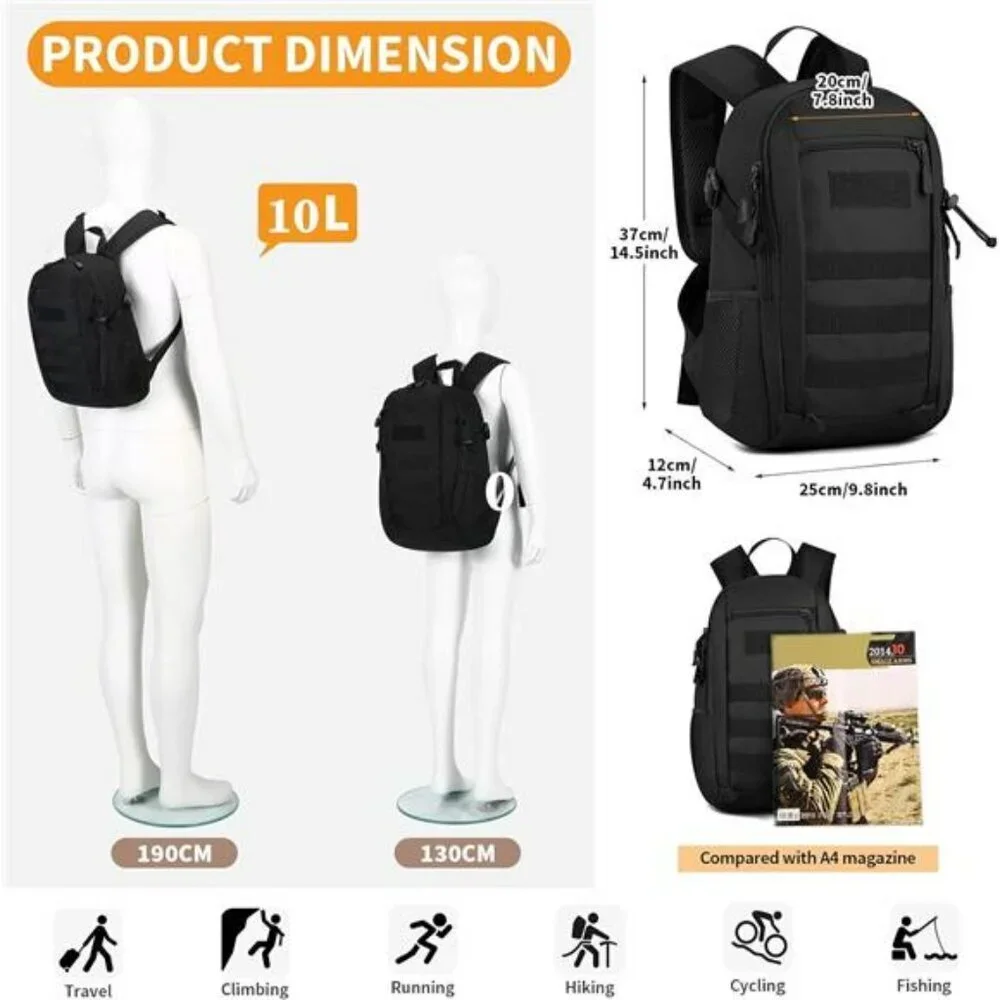 HUNTVP Tactical Mini Backpack MOLLE Military Daypack Hiking Gear 10L